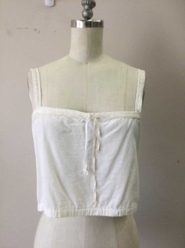 MTO, Off White, Cotton, Solid, Lace Trim Square Neckline with Ice Peach Ribbon Lacing, Lace Shoulder Straps. Small Holes at Back Waist and Patchwork Repair at Right Shoulder