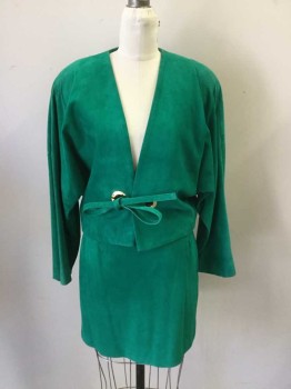 ANNE KLEIN, Green, Suede, Solid, Open Front, Dolman Sleeve with Seam, Gold Grommets with Self Tie, Slight Shoulder Damage