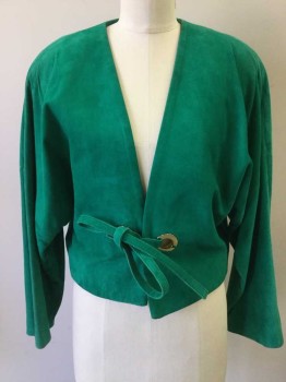 ANNE KLEIN, Green, Suede, Solid, Open Front, Dolman Sleeve with Seam, Gold Grommets with Self Tie, Slight Shoulder Damage