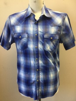 Mens, Western, WRANGLER, White, Royal Blue, Gray, Cotton, Plaid, L, Shadow White, Blue, Gray Plaid, Collar Attached, Yoke, 2 Pockets with Flap, Short Sleeves, Snap Front