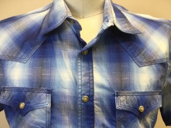 Mens, Western, WRANGLER, White, Royal Blue, Gray, Cotton, Plaid, L, Shadow White, Blue, Gray Plaid, Collar Attached, Yoke, 2 Pockets with Flap, Short Sleeves, Snap Front