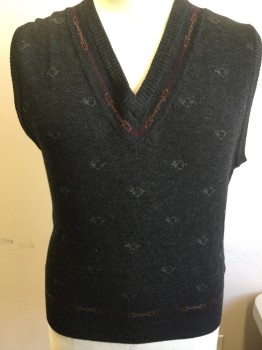 Mens, Vest, ABERCROMBIE & FITCH, Charcoal Gray, Wool, Novelty Pattern, XL, V-neck, Pullover, Knit, Grey French Horns, Maroon/Green/Yellow Stripe and Bridle Along Neckline and Hem,