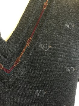 Mens, Vest, ABERCROMBIE & FITCH, Charcoal Gray, Wool, Novelty Pattern, XL, V-neck, Pullover, Knit, Grey French Horns, Maroon/Green/Yellow Stripe and Bridle Along Neckline and Hem,