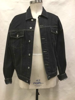 Mens, Jean Jacket, GUESS, Faded Black, Cotton, Solid, XL, Faded Black Denim, Button Front, Collar Attached, 2 Flap Pocket,