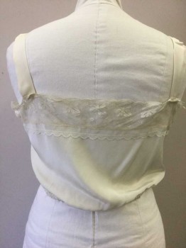 NL, Cream, Silk, Solid, Chemise. Silk with Leaf Patterned Lace Trim at Chest Line. Silk 1" Shoulder Straps. Elasticated Waist. Stain at Center Front,