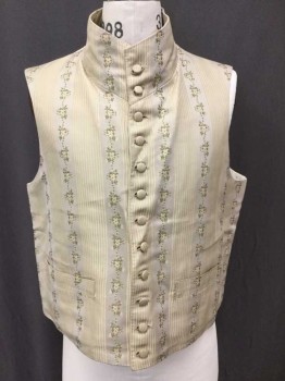 Mens, Historical Fiction Vest, COSPROP, Ecru, Lt Gray, Cotton, Stripes, Floral, 44, Stand Collar, 12 Buttons 2 Pockets, Center Back Lacing/Ties,