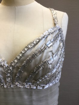 TERANI, Lt Gray, Synthetic, Beaded, Geometric, Light Gray Satin with Light Gray Tulle & Pleated Satin Ribbon Trim in Horizontal & Curved Shapes. Crystal and Iridescent Beading. Narrow Pleated Ribbon Shoulder Pads.zipper Center Back,