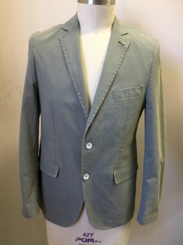 Mens, Casual Jacket, LUIGI MORINI, Sage Green, Cotton, Polyester, Solid, 43R, Light Sage, Single Breasted, Collar Attached, Notched Lapel, Hand Picked Collar/Lapel, 3 Pockets