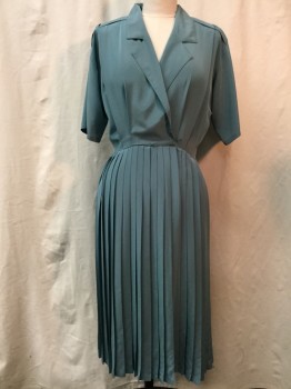 ILSE M, Sage Green, Synthetic, Solid, Sage Green, V-neck, Collar Attached, Notched Lapel, Accordion Pleated Skirt, Shoulder Pads, Epaulets, Barcode in Right Shoulder