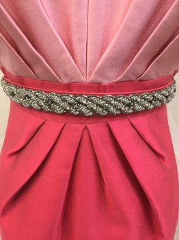 KAY UNGER, Pink, Coral Pink, Wool, Silk, Color Blocking, Solid, V-neck, Scoop Back, Back Zipper, Sleeveless, Leather Backed Matched Beaded Rhinestone BELT,