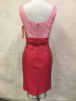 KAY UNGER, Pink, Coral Pink, Wool, Silk, Color Blocking, Solid, V-neck, Scoop Back, Back Zipper, Sleeveless, Leather Backed Matched Beaded Rhinestone BELT,