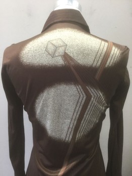 Mens, Shirt Disco, BON HOMME, Brown, Ecru, Rust Orange, Nylon, Abstract , Stripes - Vertical , N:15.5, M, Abstract Cube and Geometric Lines Pattern, Long Sleeve Button Front, Collar Attached, Qiana Nylon, Disco Shirt