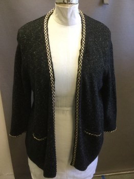 Womens, Sweater, NYDJ, Black, Gold, Cotton, Acrylic, Speckled, Solid, 1X, Rib Knit, Metallic Gold Weave, Gold Metal Chain Applique Detail