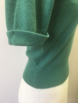 Womens, Sweater, N/L, Jade Green, Wool, Solid, B:34, Knit, Short Rib Knit Cuffed Sleeves, V-neck with Collar Attached, Pullover, Fitted,