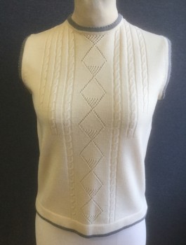 N/L, Cream, Gray, Wool, Solid, Cable Knit, Knit Shell Top, Cream Cabled Knit with Diamond Texture Detail at Center Front, Sleeveless, Gray 1/2" Edging at Round Neck, Arm Openings & Hem,