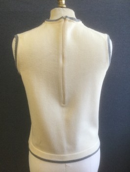 N/L, Cream, Gray, Wool, Solid, Cable Knit, Knit Shell Top, Cream Cabled Knit with Diamond Texture Detail at Center Front, Sleeveless, Gray 1/2" Edging at Round Neck, Arm Openings & Hem,