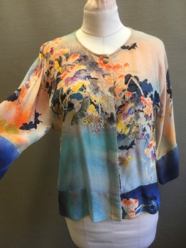 Womens, Top, CITRON, Multi-color, Peachy Pink, Lt Blue, Navy Blue, Yellow, Silk, Floral, Leaves/Vines , M, Watercolor Floral/Leaves on Textured Silk Crepe, 3/4 Wide Kimono Inspired Sleeves with Contrast Panel at Ends, Button Front, Scoop Neck, Boxy/Oversized Fit
