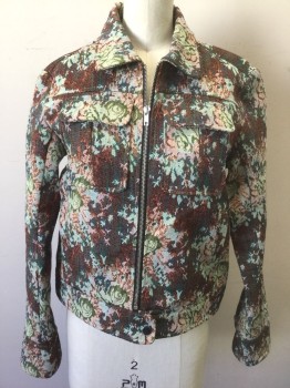 Womens, Casual Jacket, URBAN OUTFITTERS, Multi-color, Dk Red, Mint Green, Dk Green, Blue, Polyester, Cotton, Floral, XS, Tapestry-like Material, Zip Front, Collar Attached, 4 Pockets, No Lining