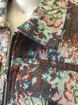 Womens, Casual Jacket, URBAN OUTFITTERS, Multi-color, Dk Red, Mint Green, Dk Green, Blue, Polyester, Cotton, Floral, XS, Tapestry-like Material, Zip Front, Collar Attached, 4 Pockets, No Lining