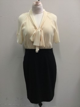 Womens, Dress, Short Sleeve, N/L, Antique White, Black, Polyester, Nylon, Color Blocking, W 32, B 38, Antique White Chiffon Top, Raglan Short Sleeves, Smocked Gather at Cuff, V-neck Collar with Center Front Tie Pleated at Back Neck with 2 Button Closure, Gathered at Waist, Black Straight Skirt, Center Back Slit