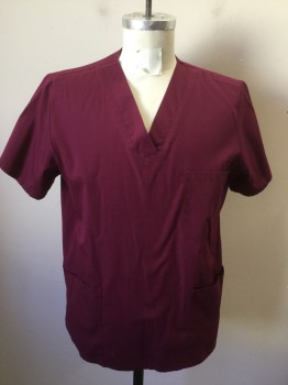 CHEROKEE, Red Burgundy, Cotton, Solid, V-neck, Short Sleeves, 3 Patch Pocket,