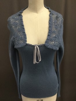 Womens, Pullover Sweater, REBECCA TAYLOR, Slate Blue, Wool, Solid, S, Knit, Square Neck with Lace Knit Pattern at Shoulders  and Back, Velvet Ribbon Tie at Bust