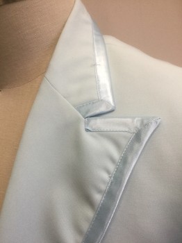 Mens, 1970s Vintage, Formal Jacket, DUMB AND DUMBER, Lt Blue, Polyester, Solid, "XL", 46R, Single Breasted, Wide Peaked Lapel, 1 Button, 1/2" Wide Satin Edging Trim Throughout, 3 Pockets, Reproduction/Costume of 70's/80's Corny Tuxedo Suit
