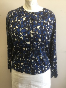 Womens, Sweater, MARINA RINALDI, Navy Blue, Royal Blue, White, Wool, Floral, B:42, Shades of Blue Flowers Pattern Knit, Long Sleeves, Hidden Snap Closures at Center Front, Scoop Neck
