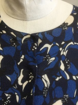 Womens, Sweater, MARINA RINALDI, Navy Blue, Royal Blue, White, Wool, Floral, B:42, Shades of Blue Flowers Pattern Knit, Long Sleeves, Hidden Snap Closures at Center Front, Scoop Neck