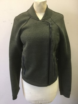 Womens, Casual Jacket, NIKE, Olive Green, Black, Cotton, Polyester, Solid, Heathered, Small, Off Center Zipper, Double Breasted, Raglan Sleeves,  Quilted Back, Knit, Triple,