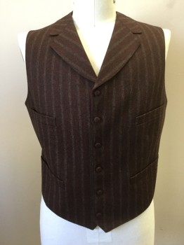 Mens, Historical Fiction Vest, MTO, Dk Red, Brown, Black, Maroon Red, Wool, Stripes, 42, Button Front, Notched Lapel, 4 Pockets, Maroon Novelty Pattern Silk Back with Self Back Belt,