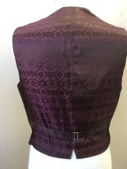 Mens, Historical Fiction Vest, MTO, Dk Red, Brown, Black, Maroon Red, Wool, Stripes, 42, Button Front, Notched Lapel, 4 Pockets, Maroon Novelty Pattern Silk Back with Self Back Belt,