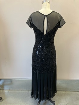 Womens, Evening Gown, CARMEN MARC VALVO, Black, Cotton, Sequins, Abstract , 26W, 34/6B, Sequined and Beaded Cotton Knit Body Contour with Nylon Mesh Yoke and Cap Sleeves and Pleated Skirt Base From Knees, Back Zipper,