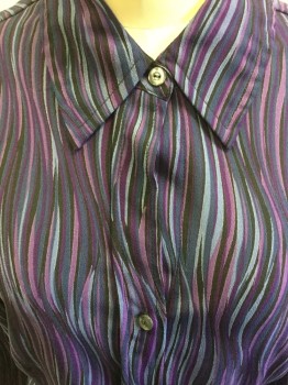 Womens, Blouse, NEW YORK & CO., Purple, Lilac Purple, Lavender Purple, Black, Polyester, Novelty Pattern, M, Swirling Stripes, Button Front, Collar Attached, Long Sleeves, Cuff, Stretch