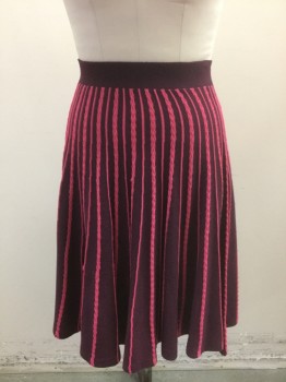 Womens, Skirt, Below Knee, KIMCHI & BLUE, Purple, Fuchsia Pink, Acrylic, Wool, Stripes - Vertical , M, Purple Knit with Pink Raised Vertical Ribs That Flare Out Towards Hem, 2" Wide Solid Purple Waistband, A-Line, Hem Below Knee