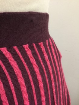 Womens, Skirt, Below Knee, KIMCHI & BLUE, Purple, Fuchsia Pink, Acrylic, Wool, Stripes - Vertical , M, Purple Knit with Pink Raised Vertical Ribs That Flare Out Towards Hem, 2" Wide Solid Purple Waistband, A-Line, Hem Below Knee