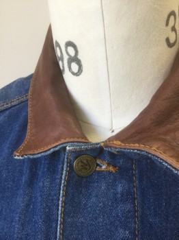 Mens, Jean Jacket, MARLBORO COUNTRY STO, Denim Blue, Brown, Cotton, Leather, Solid, M, Medium Blue Denim, Brown Leather Collar Attached, Long Sleeves, Button Front, 4 Pockets, Tan Top Stitching