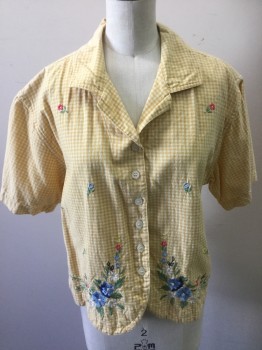 Womens, Blouse, CASEY & MAX, Yellow, Off White, Blue, Green, Pink, Cotton, Gingham, Floral, B: 40, M, Button Front, S/S, CA, Floral Embroidery at Waist