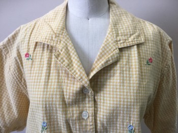 Womens, Blouse, CASEY & MAX, Yellow, Off White, Blue, Green, Pink, Cotton, Gingham, Floral, B: 40, M, Button Front, S/S, CA, Floral Embroidery at Waist