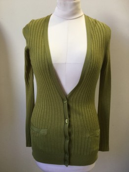 CLASSIQUES ENTIER, Chartreuse Green, Rayon, Wool, Solid, Ribbed Knit, Long Sleeves, 2 Pockets, Deep V-neck