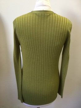 CLASSIQUES ENTIER, Chartreuse Green, Rayon, Wool, Solid, Ribbed Knit, Long Sleeves, 2 Pockets, Deep V-neck