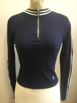 Womens, Pullover, DELIA'S, Navy Blue, White, Black, Cotton, Spandex, Solid, Stripes, S, Lightweight Rib Knit, Solid Navy with Black and White Striped Mock Neck and Outseam of Shoulder/Sleeve, Long Sleeves, Half Zip Front at Neck, Fitted, 90's Retro Look/Reproduction