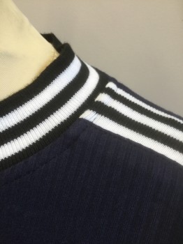 Womens, Pullover, DELIA'S, Navy Blue, White, Black, Cotton, Spandex, Solid, Stripes, S, Lightweight Rib Knit, Solid Navy with Black and White Striped Mock Neck and Outseam of Shoulder/Sleeve, Long Sleeves, Half Zip Front at Neck, Fitted, 90's Retro Look/Reproduction