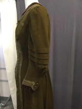 NL, Tobacco Brown, Olive Green, Tan Brown, Brown, Wool, Solid, Stripes, Beautiful Coat, Tobacco Body with Olive Ribbon Trim Around Collar and Placket, Brown Velvet Trim Inset Under the Placket with Light Brown and Tan Piping, Hook and Eye Closure, Knife Pleats at Sleeves, Stripe Inset Details Front and Back