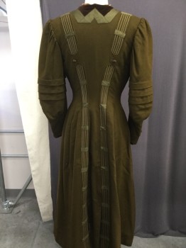 NL, Tobacco Brown, Olive Green, Tan Brown, Brown, Wool, Solid, Stripes, Beautiful Coat, Tobacco Body with Olive Ribbon Trim Around Collar and Placket, Brown Velvet Trim Inset Under the Placket with Light Brown and Tan Piping, Hook and Eye Closure, Knife Pleats at Sleeves, Stripe Inset Details Front and Back