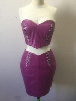 Womens, 1980s Vintage, Piece 1, N/L, Magenta Pink, Leather, B:32, Bustier Top, Strapless, with Black/White Corded Lacing Detail with Silver Grommets, Cropped Length, Center Back Zipper, Club Wear