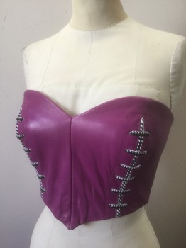 N/L, Magenta Pink, Leather, Bustier Top, Strapless, with Black/White Corded Lacing Detail with Silver Grommets, Cropped Length, Center Back Zipper, Club Wear