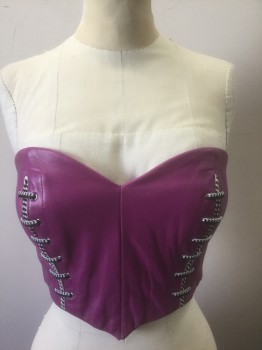 N/L, Magenta Pink, Leather, Bustier Top, Strapless, with Black/White Corded Lacing Detail with Silver Grommets, Cropped Length, Center Back Zipper, Club Wear