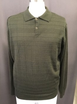 Mens, Pullover Sweater, PRONTO UOMO, Olive Green, Wool, Check , L, Polo Style, Collar Attached, Long Sleeves, Embossed Self Check