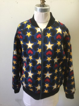 STELLA MCCARTNEY, Multi-color, Navy Blue, Yellow, Red, Black, Polyester, Stars, Hearts, Navy with Yellow and Light Gray Stars, Black and Red Hearts Pattern, Bomber Jacket, Zip Front, Solid Black Rib Knit Neck, Cuffs and Waistband, Raglan Sleeves, 2 Welt Pockets